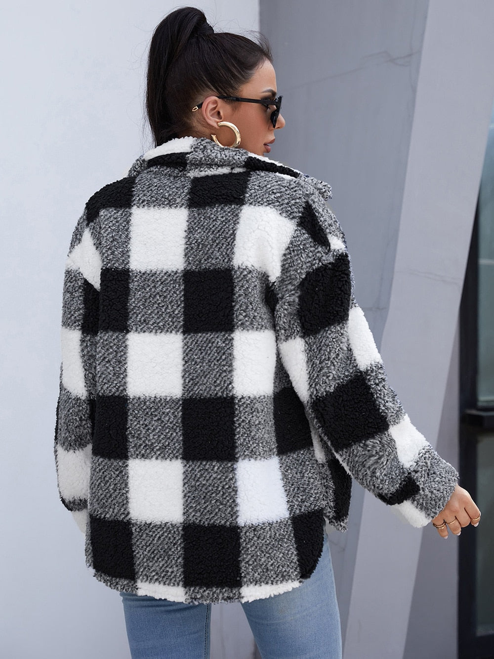Plush Plaid Flap Pocket Coat