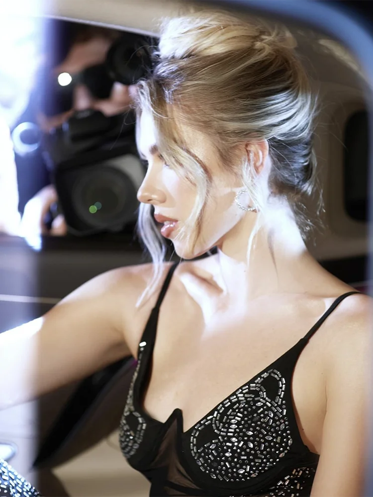 Diamonds See-Through Khaki Slim Lace Dress