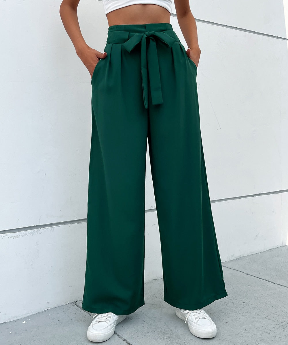 Solid Pleat Front Elegant Belted Pants