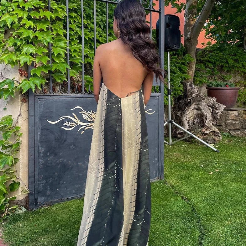 Elisa Flowy Ombre Print Open Back Halter Maxi Dress