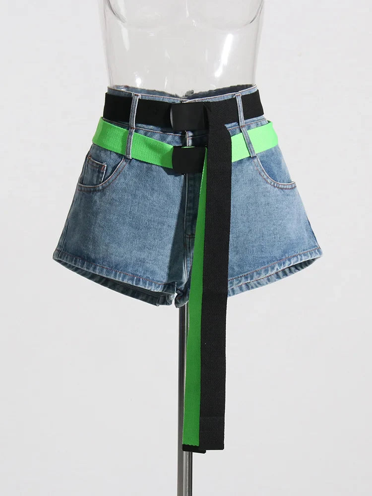 Paola Colorblock Double Belted Denim Shorts