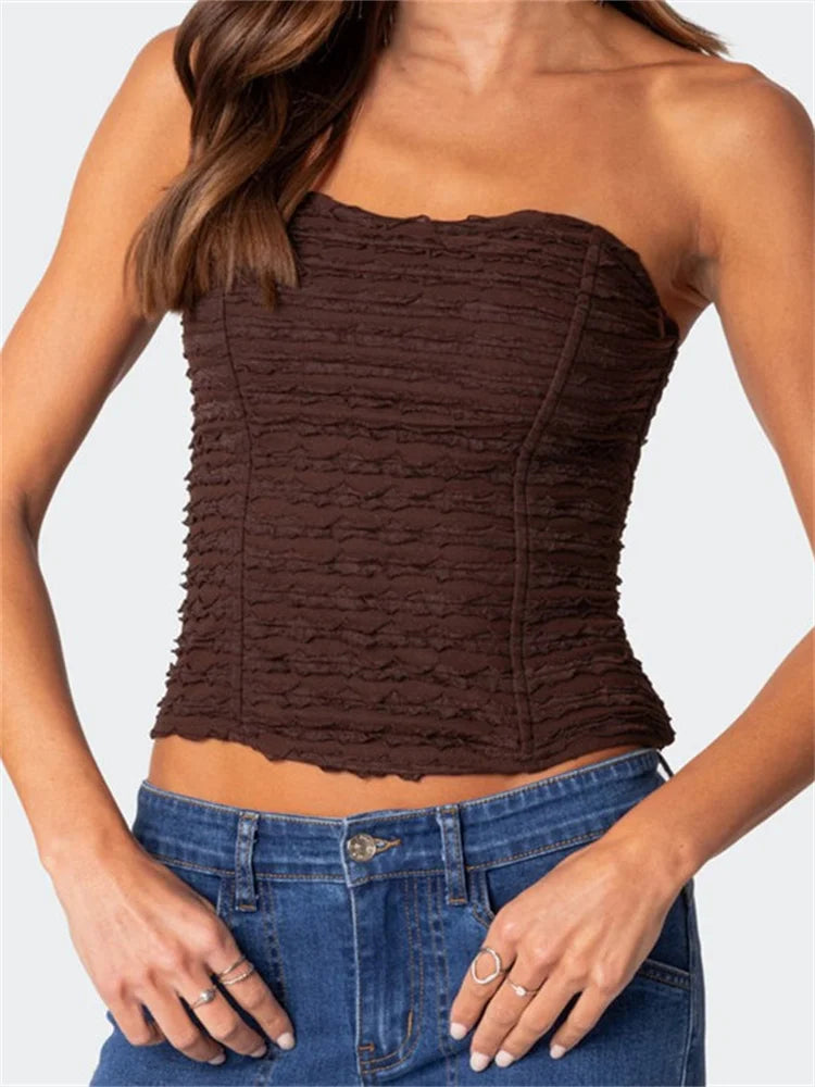 Summer Ruched Tube Strapless Off Shoulder Backless Bustiers聽Corsets聽Party Club Solid Mini Vest Crop Top