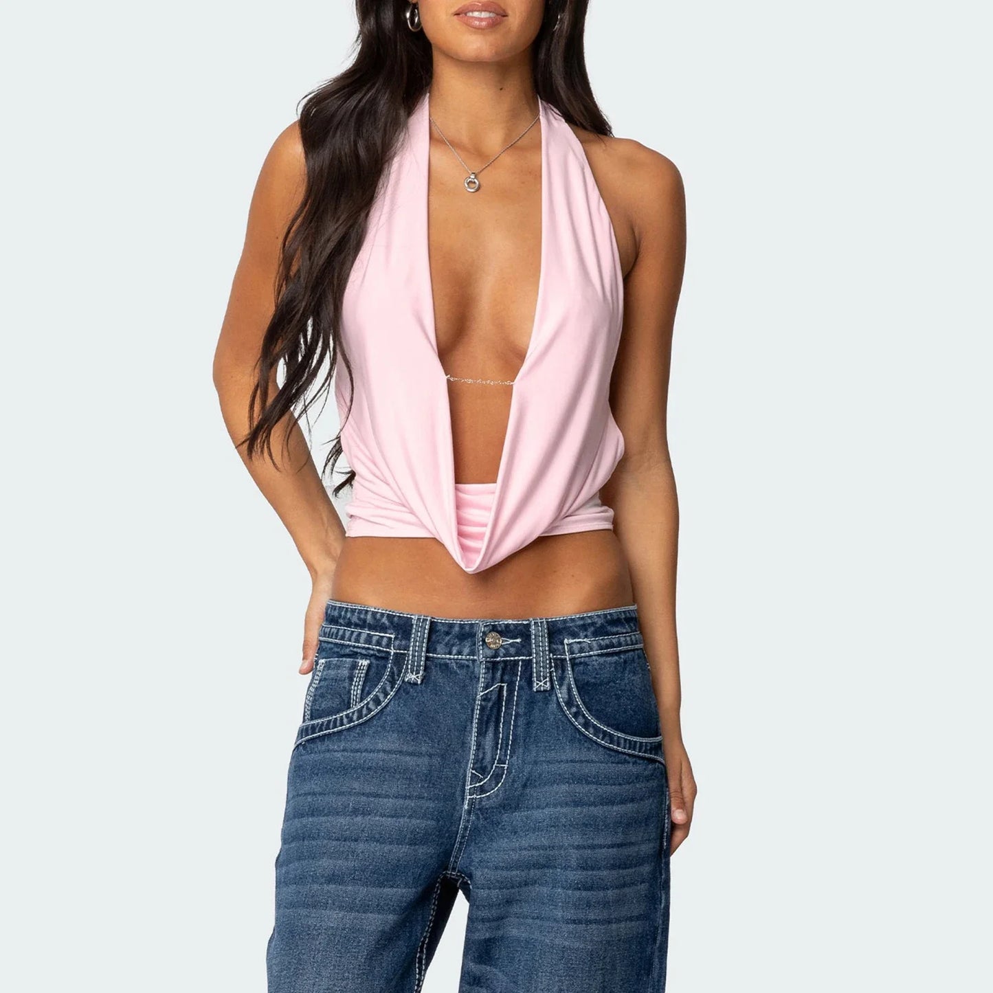 Halter Deep V Neck Backless Y2K Cami Top