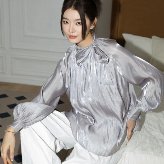 Jobelle Silver Glitter Bow Tie Neck Blouse