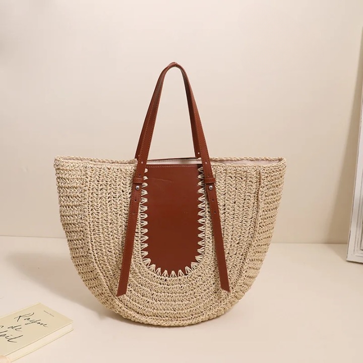 Lutie Colorblock Half Moon Straw Shoulder Bag