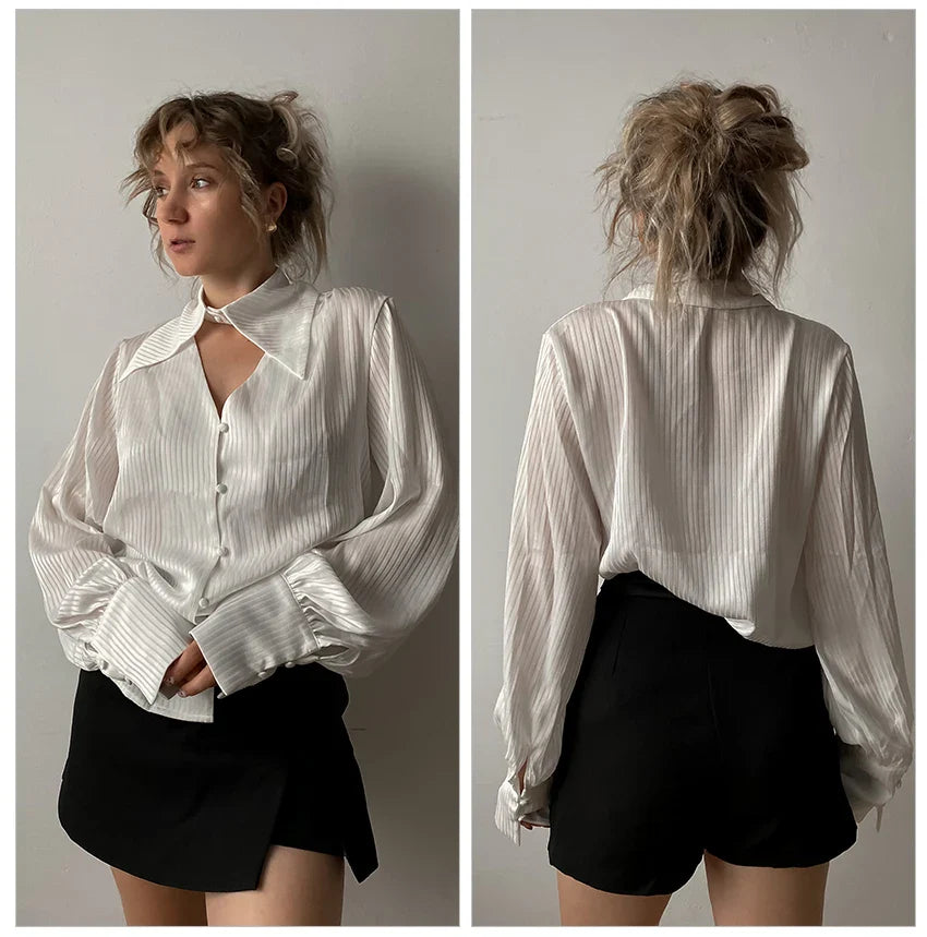 Millie Pinstripe Detachable Collar Satin Blouse
