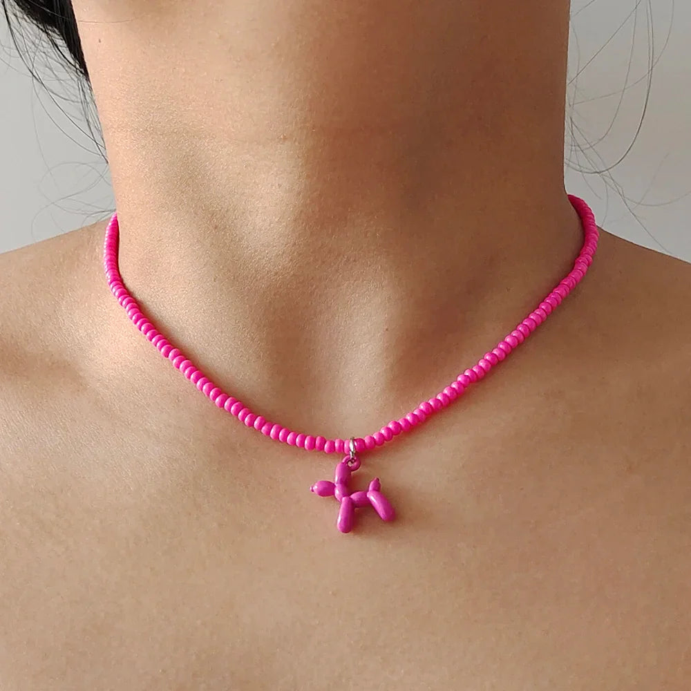 Colorful Poodle Pendant Beads Choker Necklace