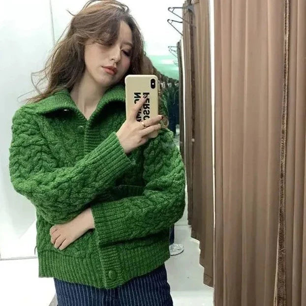 Sorcha Green Twist Cable Knit Vintage Cardigan