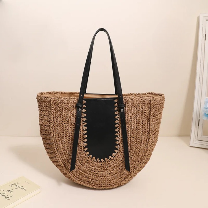 Lutie Colorblock Half Moon Straw Shoulder Bag
