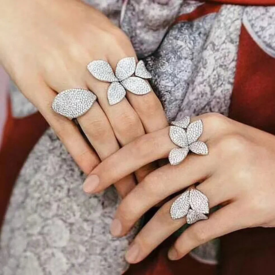 Rhinestone Flower Leaf Cocktail Rings