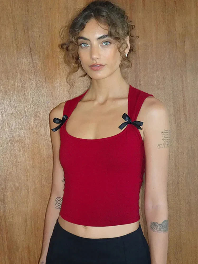 Y2K Bow Tie-Up Tank Top Crop Top