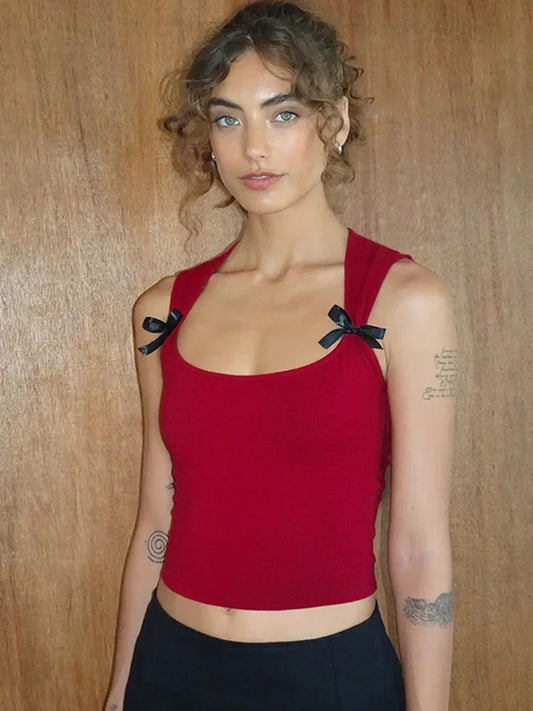 Y2K Bow Tie-Up Tank Top Crop Top