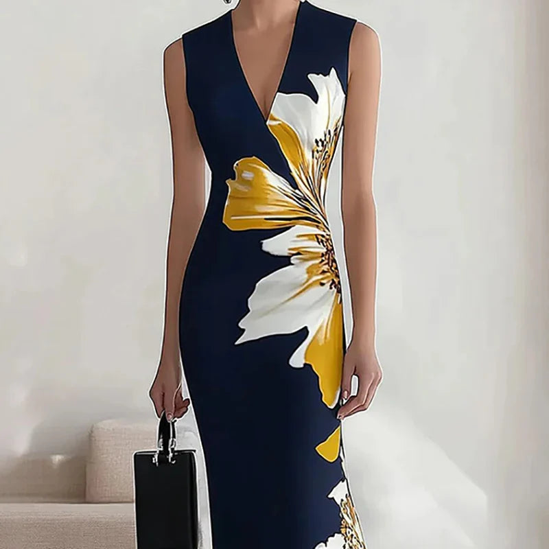 V Neck Office Maxi Floral Dress