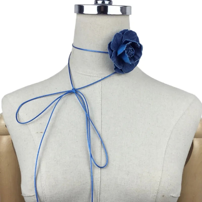 Denim Rose Corsage Choker Necklaces