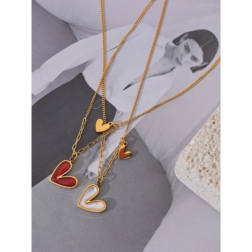 Enamel Natural Shell Linked Hearts Pendant Necklace