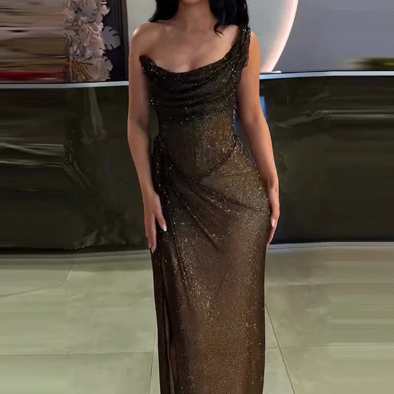 Sequin Asymmetric Off Shoulder Maxi Dress