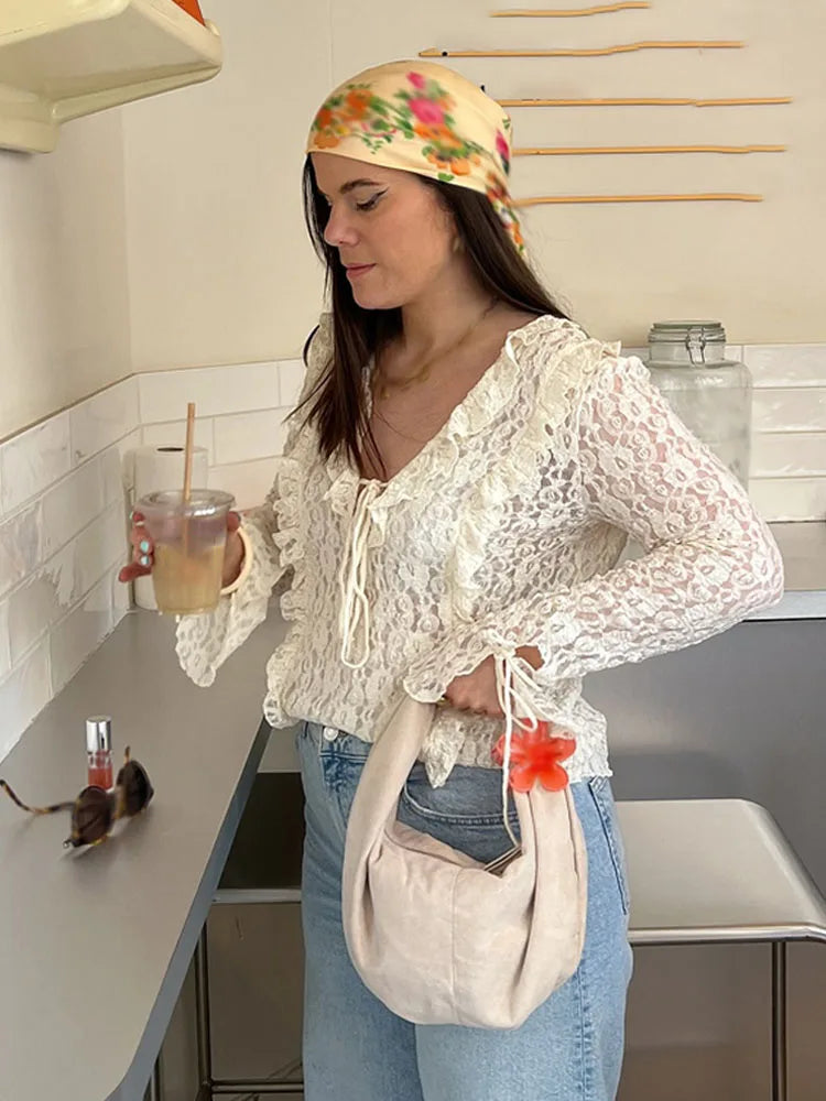 Spring Fashion V-neck Solid Lace Laminated Blouse