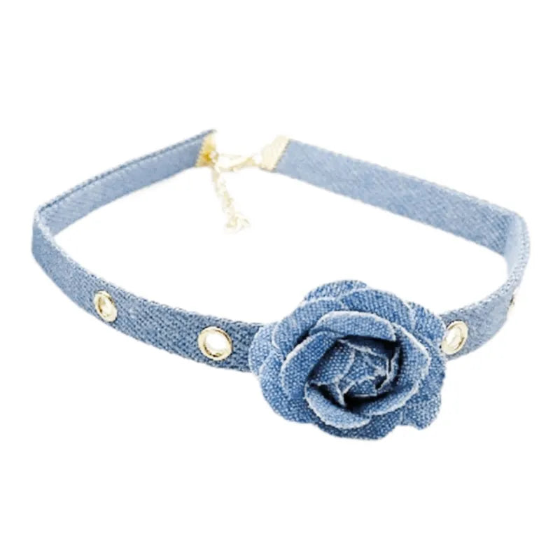 Denim Rose Corsage Choker Necklaces