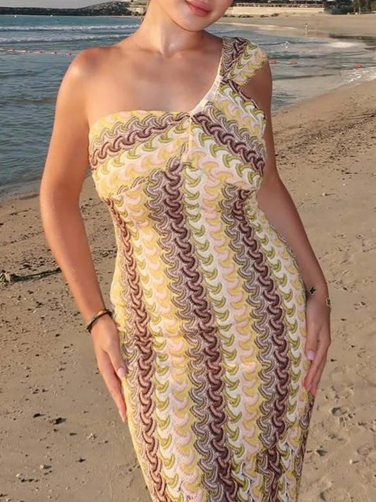 Vintage Print One Shoulder Midi Summer Dress