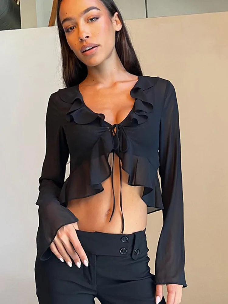 Ruffled Green Chiffon Lace Sheer Top