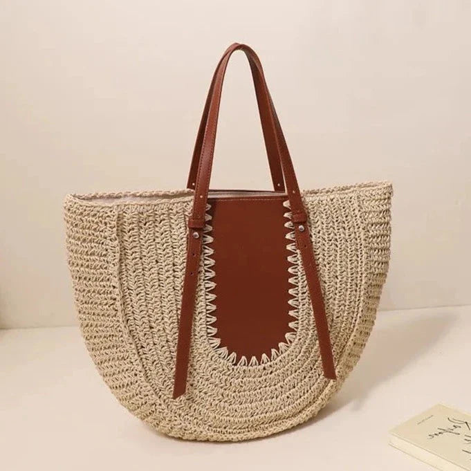 Lutie Colorblock Half Moon Straw Shoulder Bag