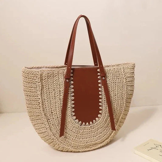 Lutie Colorblock Half Moon Straw Shoulder Bag