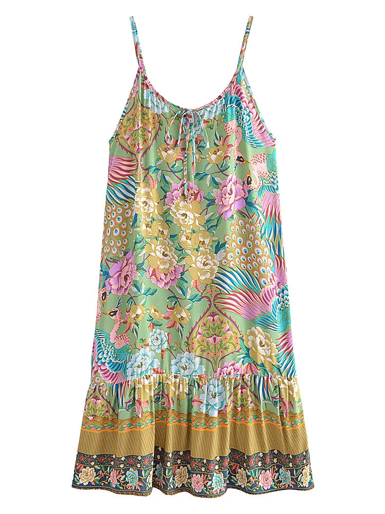 Vintage Boho Floral Print Spaghetti Strap Dress