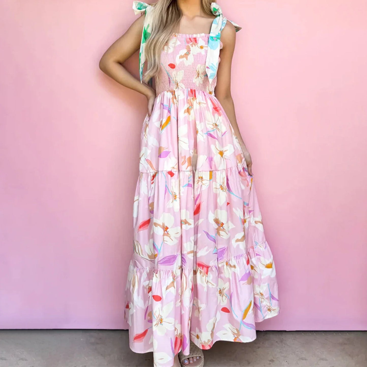 Floral Ruffle Smocked Flowy Midi Dress