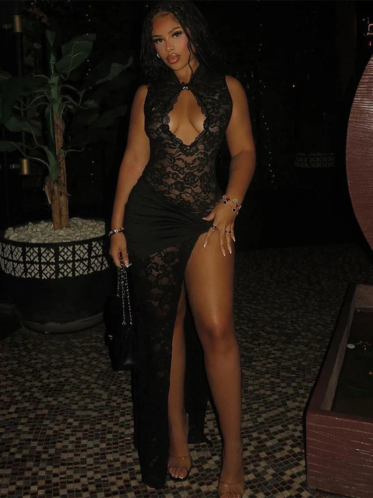 Embroidery Stand Collar Sheath Sheer Lace Dress