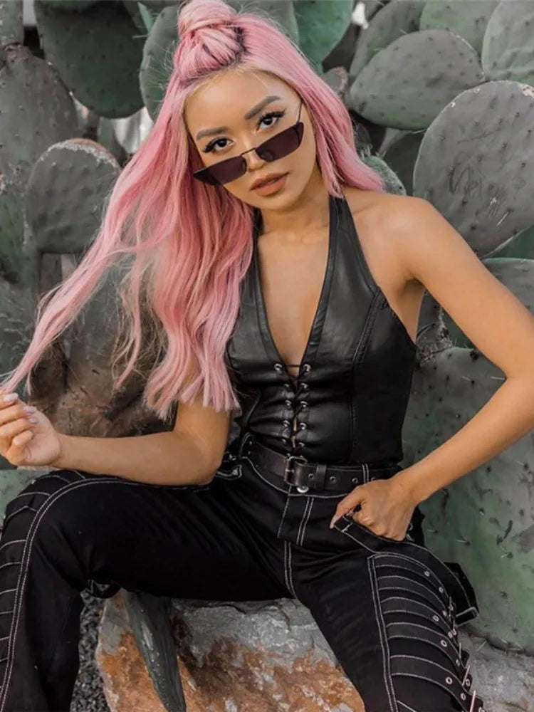 Solid Color PU Lace-up Y2K Slim Cami Top