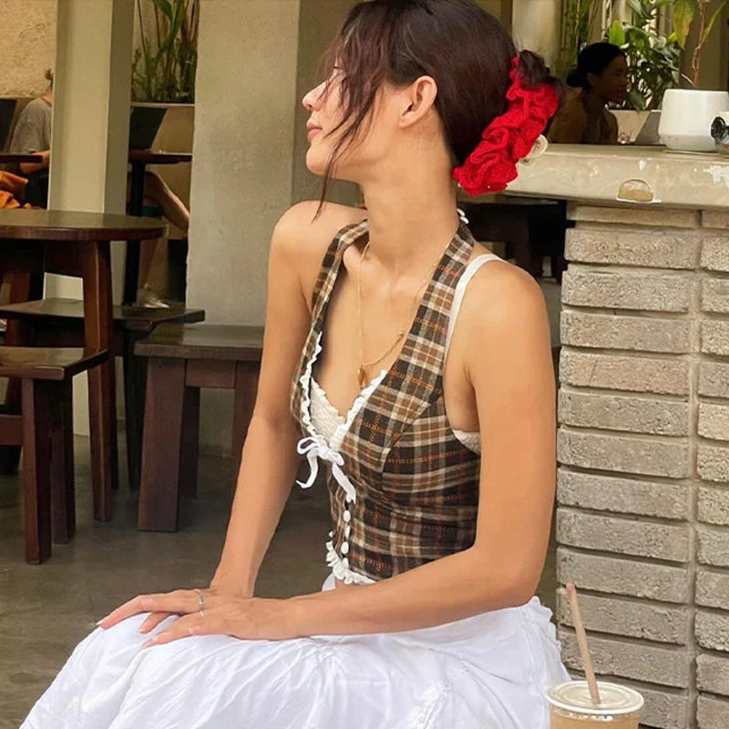 Y2K Plaid Halter Lace Trim Bow Tie Cami Top