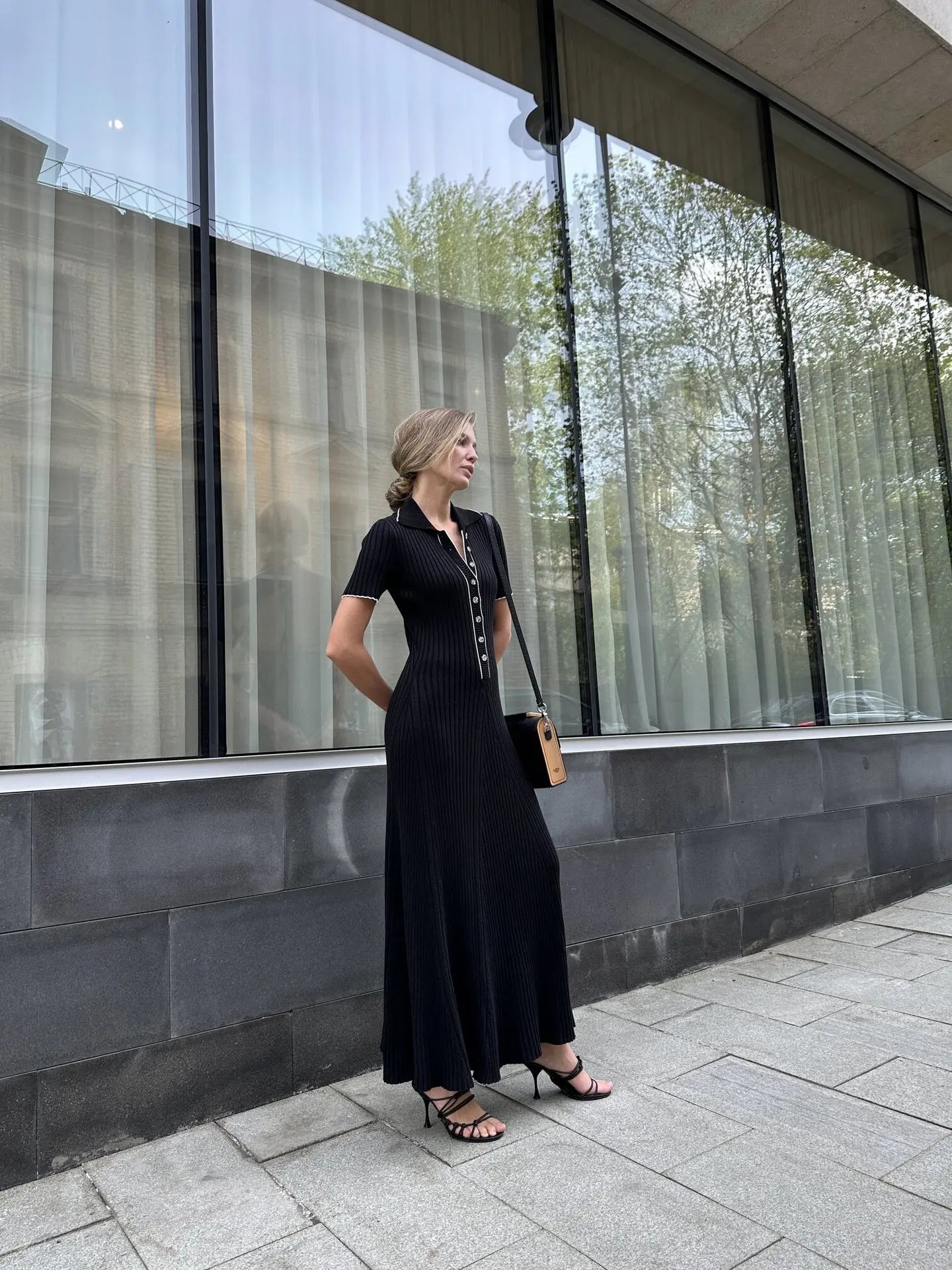 Denim Patchwork Knitted Short Sleeve Button Work Dress