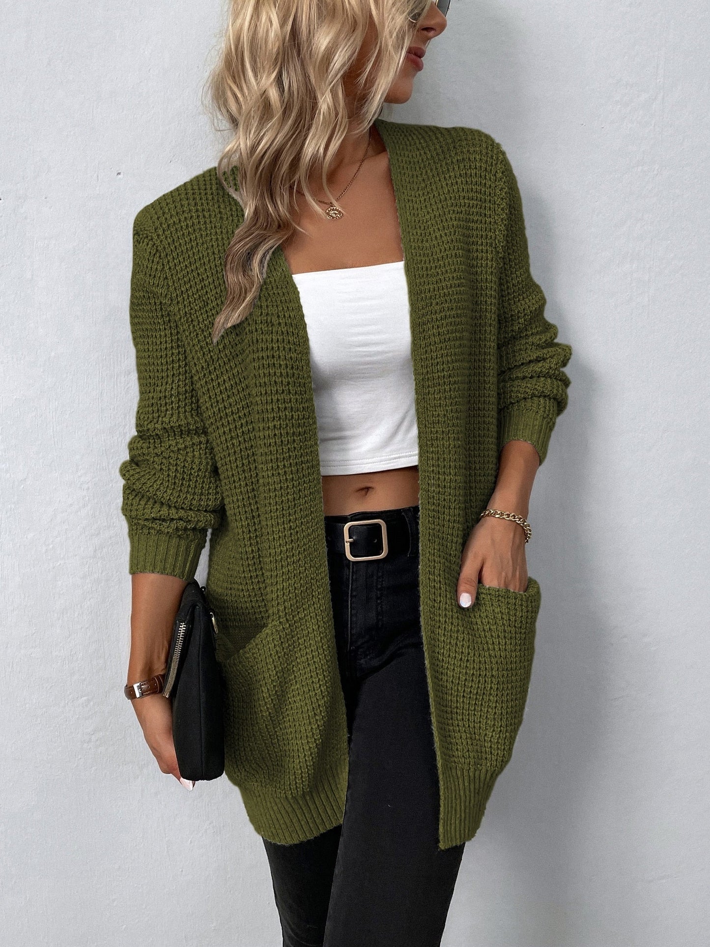 Solid Color Pockets Long Cardigan