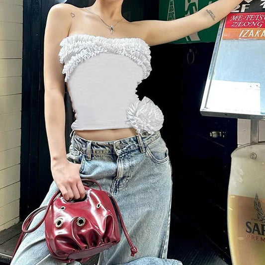 Ruffle Trim 3D Flower Backless Strapless