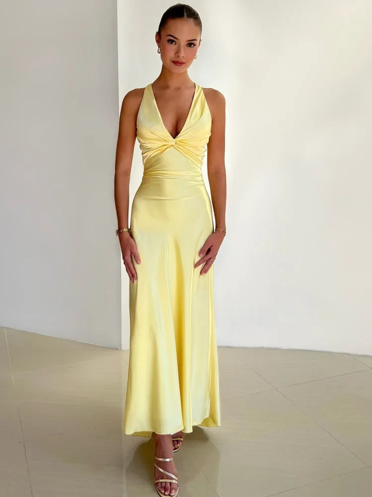 Satin Ruched Backless Maxi Dress