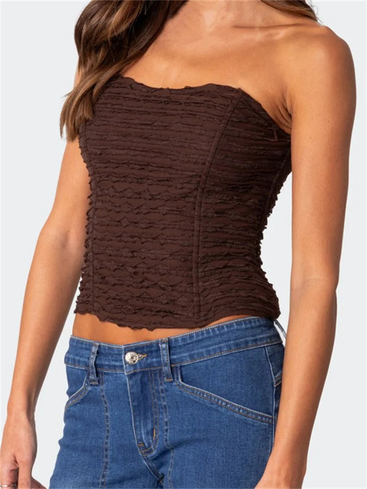 Summer Ruched Tube Strapless Off Shoulder Backless Bustiers聽Corsets聽Party Club Solid Mini Vest Crop Top