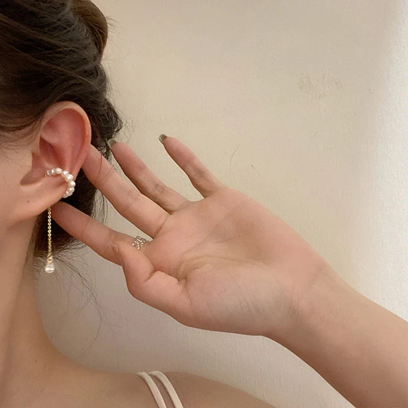 Single Pearl Link Ear Clip Earrings