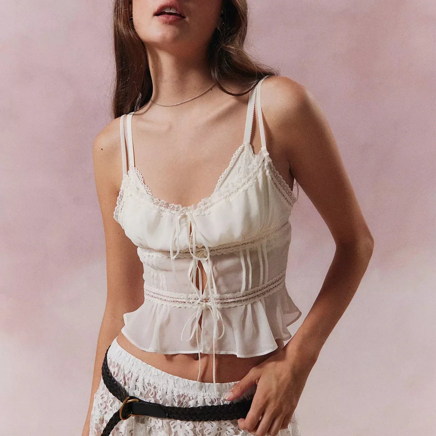 Sheer Mesh Lace Strap V Neck Cami Top