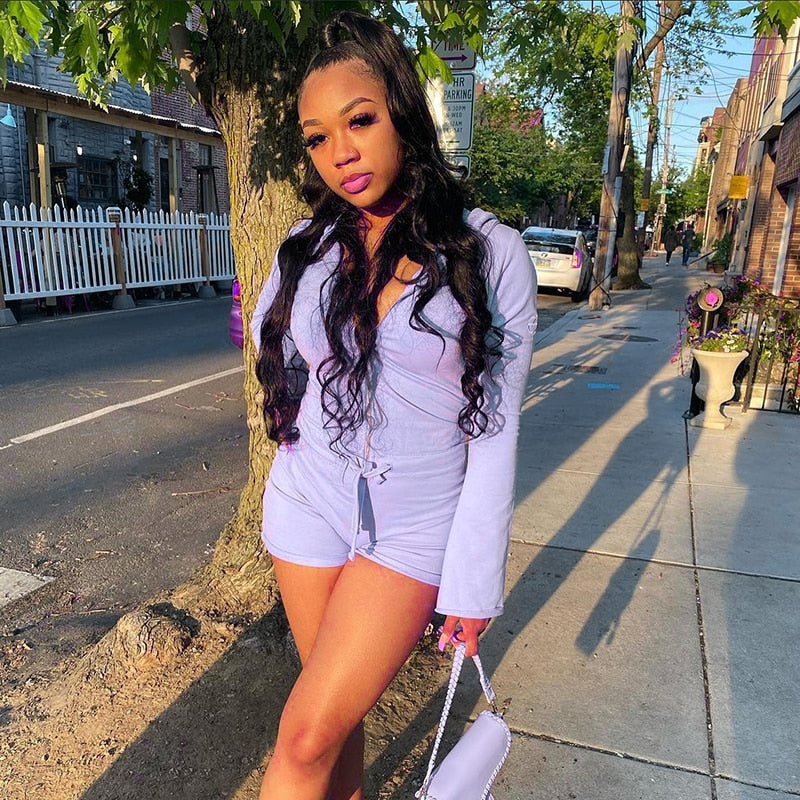 Long Sleeves Hooded Zip Up Romper