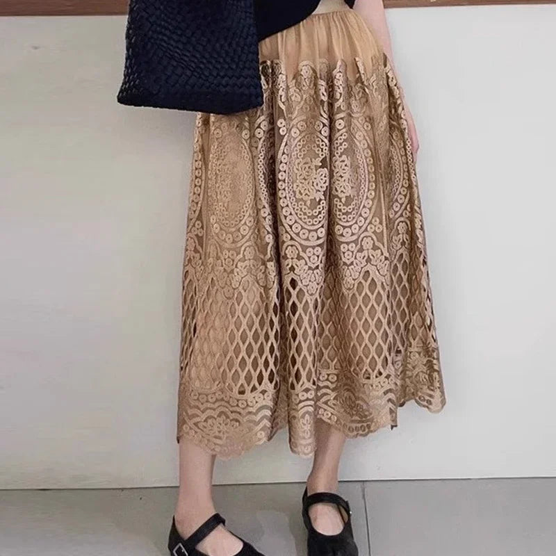 Wylla Metallic Embroidery Lace Tulle Midi Skirt