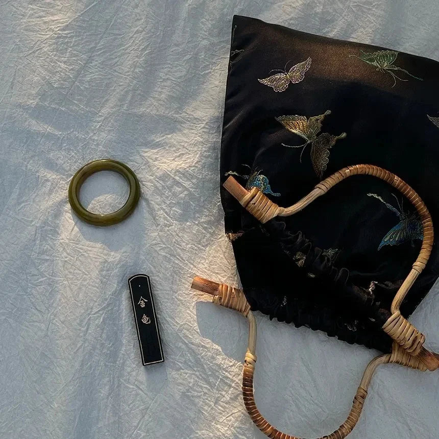 Mira Butterfly Silk Embroidery Bamboo Handle Tote