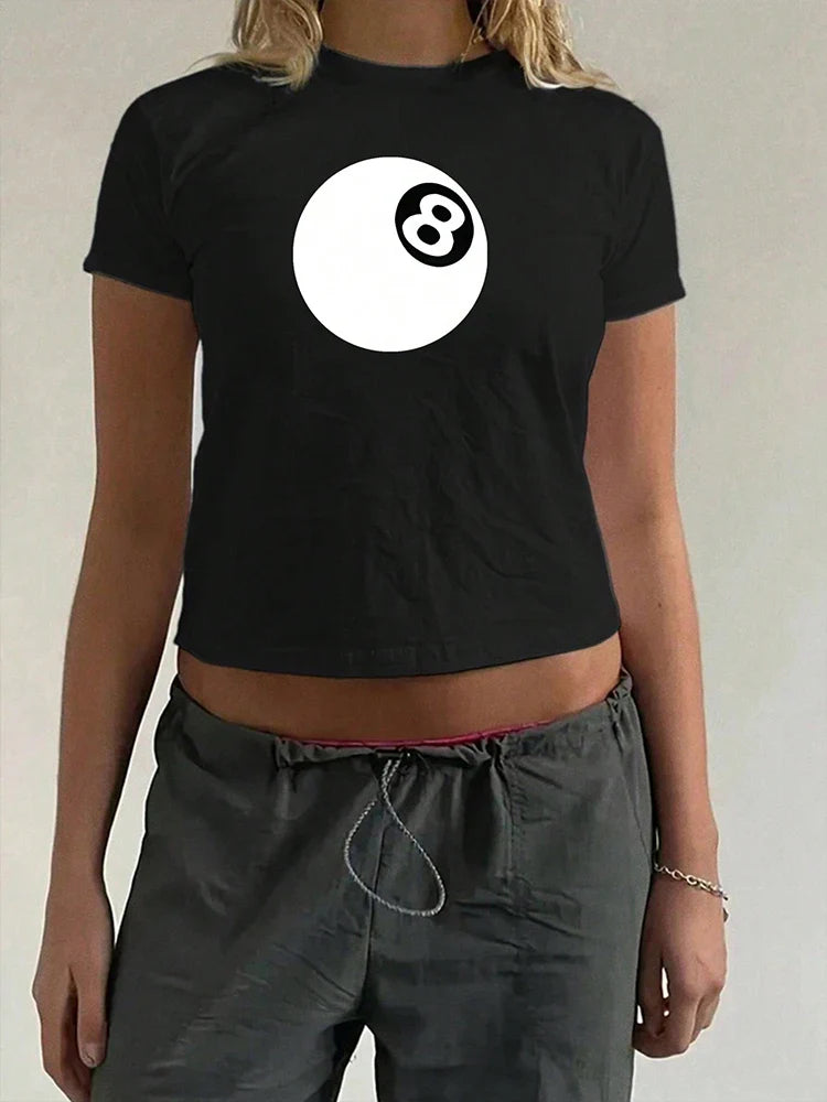 Black Print O-Neck Slim Crop Top