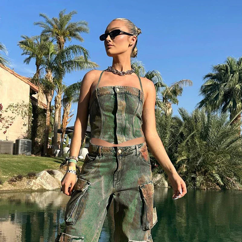 Denim Button Backless Off Shoulder Cami Top