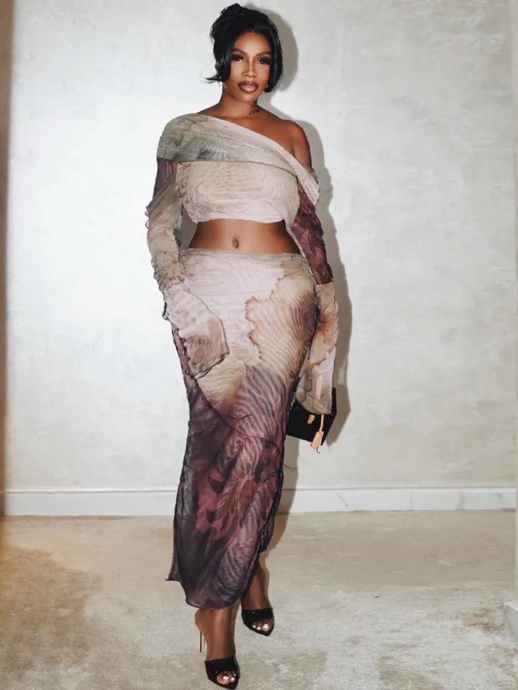 Aesthetic Print Drawstring Maxi Two Piece Skirt Set