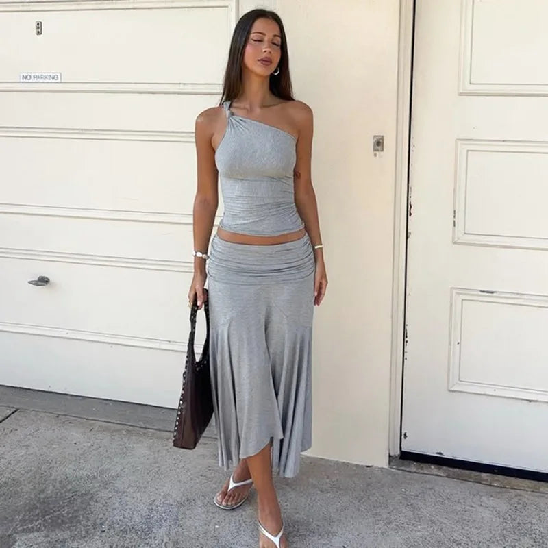 Fold Over One Shoulder Maxi Knit Set