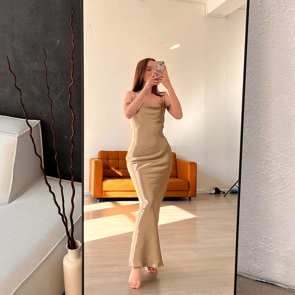 Elegant Satin Backless Spaghetti Strap Slip Dress