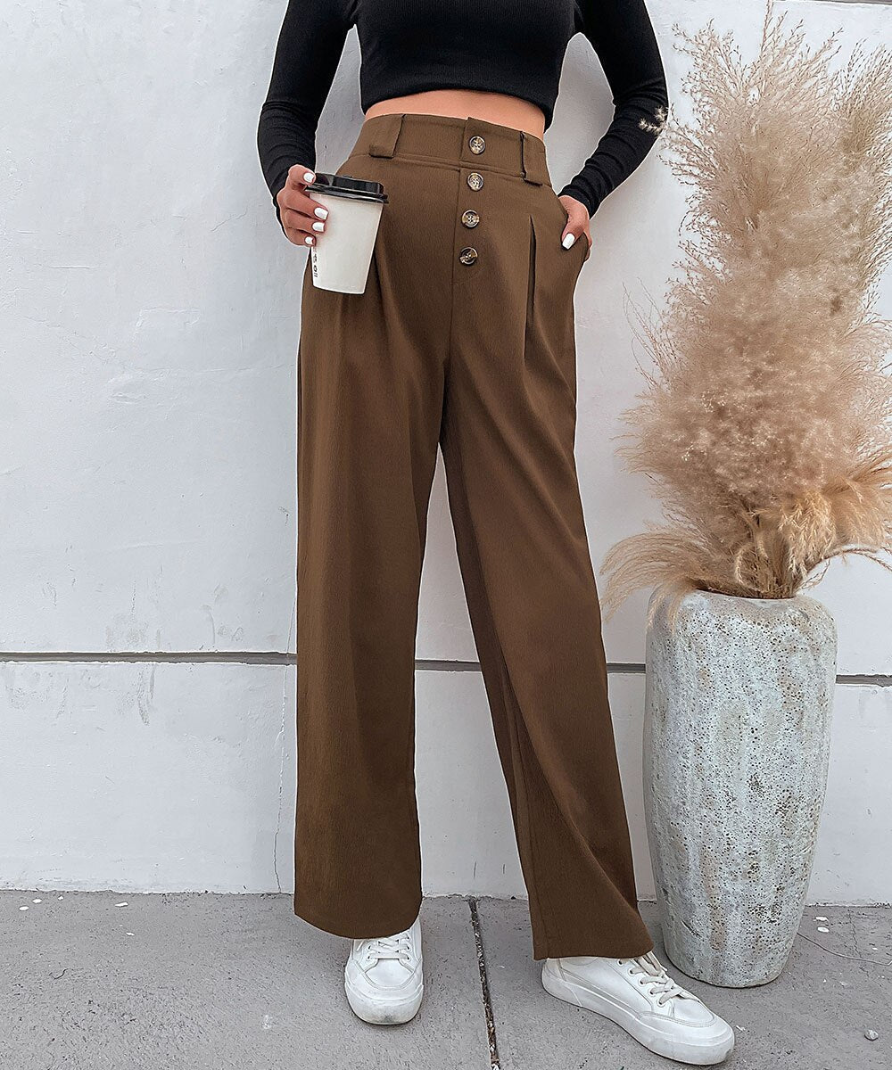 Solid Button Front Casual Pants