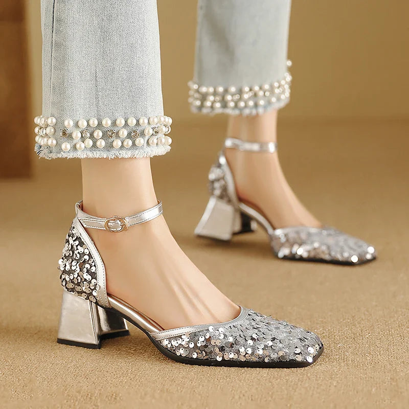 Marley Metallic Sequin Ankle Strap Sandals