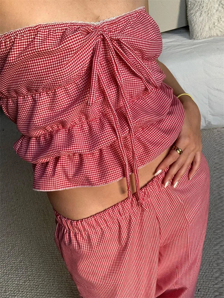 Ruched Plaid Print Slim Strapless