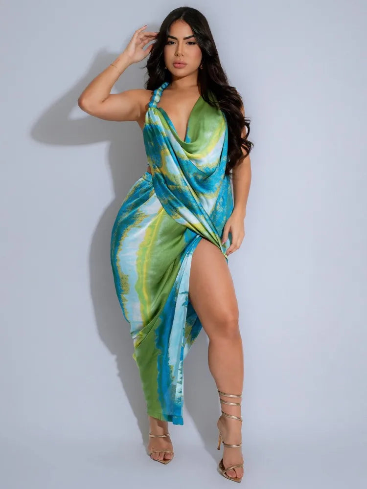 Tie Dye Halter Deep V-Neck Backless Midi Dress